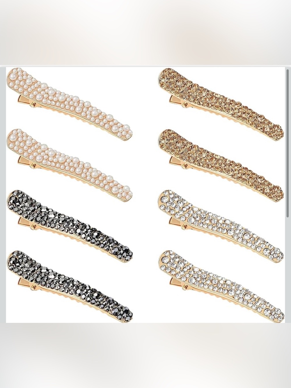 Gold Crystal & Pearl Hair Clip Set of 8 (2 of each color/design)